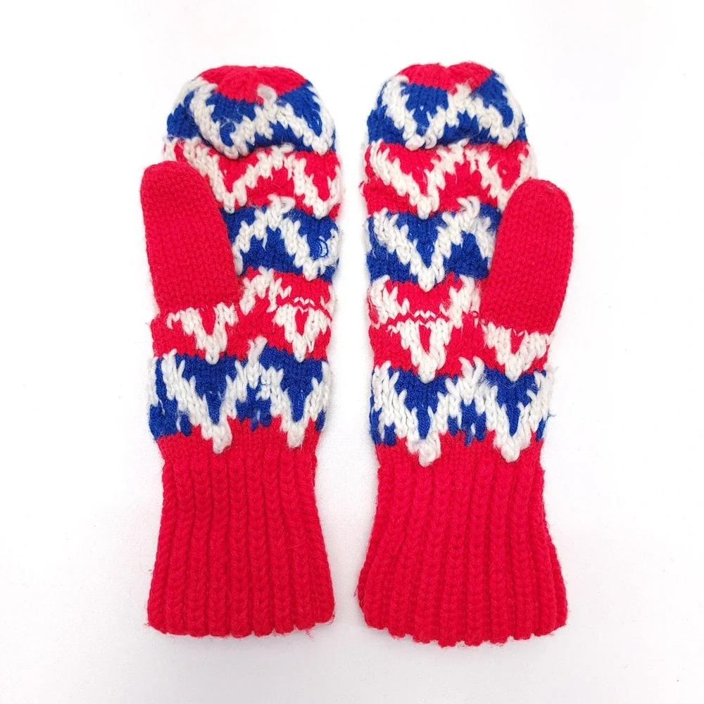Vintage Mittens Red White & Blue Handmade Knitted Size Medium‎ Cozy Warm